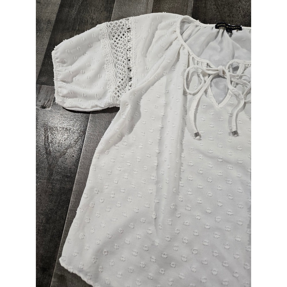 Adrienne Vittadini White Swiss Dot Crochet Lace Keyhole Tie Peasant Blouse Small - Picture 4 of 9